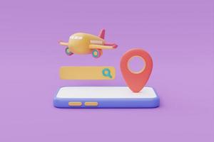 aeroplano giallo con pin di posizione e barra di ricerca su smartphone, turismo e piano di viaggio per il concetto di viaggio, vacanze, tempo di viaggio, rendering 3d foto