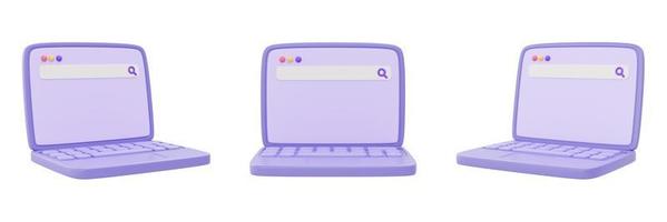 set di computer labtop viola isolato su sfondo bianco, raccolta di oggetti concetto di shopping online, rendering 3d. foto