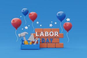 concetto di felice festa del lavoro usa con muro di mattoni, strumenti di costruzione e palloncino su sfondo blu, rendering 3d foto