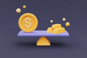 la moneta d'oro con il simbolo del dollaro confronta i lingotti d'oro su una bilancia, il concetto di business, finanza o cambio valuta, la criptovaluta, la tecnologia blockchain, lo stile minimale.rendering 3d. foto