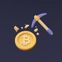 concetto di bitcoin mining con piccone e moneta bitcoin d'oro, criptovaluta, tecnologia blockchain, stile minimale. Rendering 3d. foto