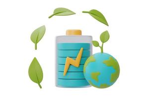icona di carica della batteria con globo mondiale e foglia verde, risparmio energetico intelligente, felice giornata della terra, giornata mondiale dell'ambiente, eco friendly, rendering 3d. foto