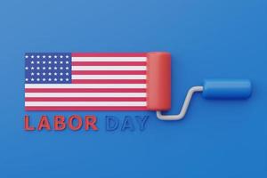 concetto di felice festa del lavoro usa con bandiera americana e vernice a rullo di spugna, strumenti di costruzione su sfondo blu, rendering 3d foto