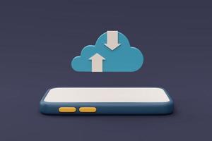 concetto di tecnologia di archiviazione cloud, simbolo della nuvola blu con smartphone, database online, trasferimento di informazioni sui dati, stile minimale. Rendering 3d. foto