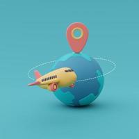 aeroplano giallo con globo e pin di posizione, concetto di tempo per viaggiare, pianificazione delle vacanze, vacanze, pronto per il viaggio. Rendering 3d. foto