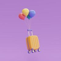 Valigia con palloncini colorati galleggiano isolati su sfondo viola, concetto di vendita di turismo e viaggi, vacanze, tempo di viaggio, rendering 3d foto