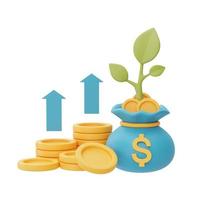 investimenti finanziari concetto di crescita del reddito futuro con pile di monete in dollari e piante, risparmio di denaro o aumento degli interessi, rendering 3d foto