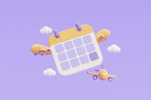 concetto di tempo per viaggiare, prenotazione di biglietti aerei online con aeroplano giallo e calendario, piano turistico e di viaggio per il viaggio, vacanze, rendering 3d foto