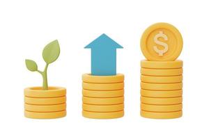 investimenti finanziari concetto di crescita del reddito futuro con pile di monete in dollari e piante, risparmio di denaro o aumento degli interessi, rendering 3d foto