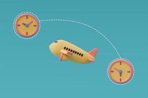 aeroplano giallo con orologio, concetto di tempo per viaggiare, pianificazione delle vacanze, vacanze, pronto per il viaggio. rendering 3d. foto