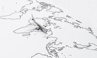 l'aereo vola sopra la mappa di carta bianca dello sfondo del viaggio mondiale. concetto di viaggio e voglia di viaggiare. rendering di illustrazioni 3d foto