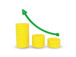 grafico dell'aumento dei profitti, grafico della crescita degli investimenti. monete e frecce, affari, finanza, sviluppo investe grafico, banche, economia, statistiche. la freccia di crescita della moneta d'oro in 3d ha reso l'illustrazione. foto