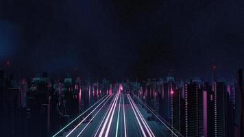 Rendering 3D del concetto di paesaggio urbano notturno di cyber. luce che emette luce su una scena oscura. vita notturna. rete tecnologica per 5g. oltre la generazione e il futuristico della capitale fantascientifica e della scena edilizia. foto