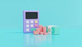 Concetto di rendering 3d di investimento. calcolatrice con monete e denaro su sfondo per il design commerciale. foto