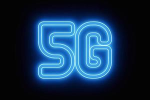 Illustrazione 3d di un'icona al neon blu da 5 g su sfondo nero. foto