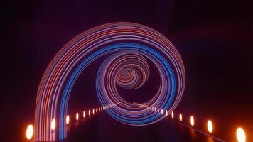 Rendering 3d di neon flash e luce che si illumina su una scena scura. tunnel della luce di velocità attraverso la città o urbano. tecnologia internet della rete futura. fantascienza del viaggio interstellare nell'iperspazio. foto