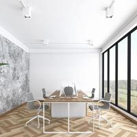 ufficio industriale in stile minimalista con scrivania in legno, pavimento in legno e muro di cemento. rendering 3D foto