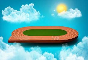 pista da corsa sullo stadio con corsia e numeri nel cielo nuvole in movimento luce solare riflesso lente 3d illustrazione foto