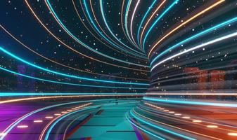 Rendering 3d di neon flash e luce che si illumina su una scena scura. tunnel della luce di velocità attraverso la città o urbano. tecnologia internet della rete futura. fantascienza del viaggio interstellare nell'iperspazio. foto