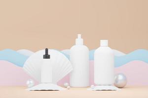 Rendering 3d di prodotti per la cura della pelle di cosmetici vuoti o imballaggi per mock up. concetto di sapone e spa di bellezza. lozione olio idratante per la salute della pelle. design premium e di lusso per il branding. foto