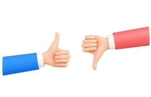le mani con i pollici su e giù gesto 3d rendono mostrando feedback positivi e negativi. foto