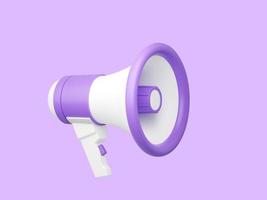 illustrazione di rendering 3d dell'altoparlante viola. megafono isolato su sfondo bianco per annunci pubblicitari o di vendita. foto