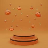 felice halloween, podio di presentazione del prodotto concept con sfondo tono arancione fantasma di zucca. rendering 3D foto