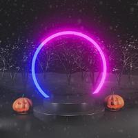 buon halloween, podio di presentazione del prodotto concettuale con neon e fantasma di zucca, sullo sfondo della foresta dell'albero notturno. rendering 3D foto