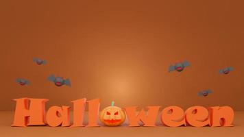 felice halloween, concetto halloween logo 3d con pipistrello cartone animato su sfondo arancione. rendering 3D foto