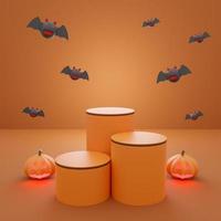 happy halloween, podio di presentazione del prodotto concept con fantasma di zucca e pipistrello, sfondo arancione. rendering 3D foto