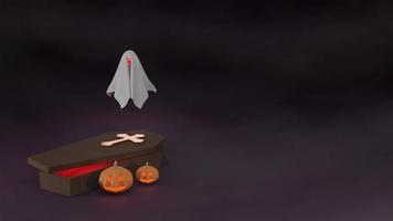 felice festa di halloween poster banner zucca fantasma e bara, fantasma con nebbia. rendering 3D foto