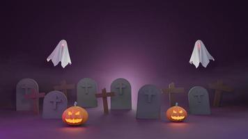 concetto di festa di halloween poster banner zucca fantasma e crocifisso, tomba con nebbia. rendering 3D foto