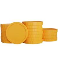 tre pile di monete d'oro con una moneta di fronte a uno sfondo bianco - 3d rendering illustrazione foto