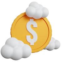 3d rendering moneta gialla dollaro con tre nuvole bianche isolate foto