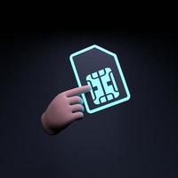 mano che tiene l'icona della carta sim al neon. illustrazione di rendering 3d. foto