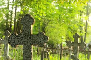 una croce sulla tomba e diverse croci più avanti nel cimitero foto