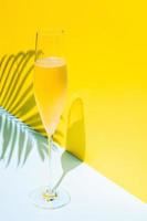 un bicchiere di champagne freddo con vapore che ha l'ombra di foglie di cocco dalla luce del sole su sfondo blu e giallo. concetto estivo. foto