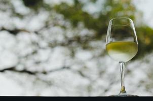 un bicchiere di vino bianco sul tavolo con sfondo sfocato albero. foto