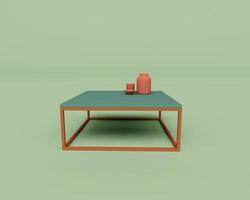 Rendering 3d della vista frontale del moderno tavolino da caffè cubo con tazza da tè, illustrazione 3d isolata su colori pastello, scena minima foto