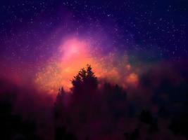 via lattea e luce rosa in montagna. paesaggio colorato notturno. cielo stellato con colline. bellissimo universo. sfondo dello spazio con la galassia. sfondo di viaggio foto