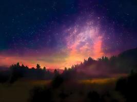 via lattea e luce rosa in montagna. paesaggio colorato notturno. cielo stellato con colline. bellissimo universo. sfondo dello spazio con la galassia. sfondo di viaggio foto