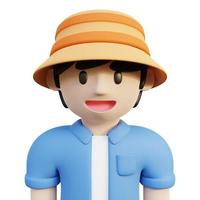 Profilo del personaggio maschile di rendering 3d o avatar felice giovane con cappello a secchiello e vestiti blu, buono per il profilo del personaggio nel web design foto