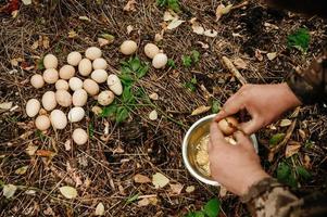 uova e una ciotola profonda, l'esercito ucraino prepara uova nel campo, guerra e cibo per i militari. foto