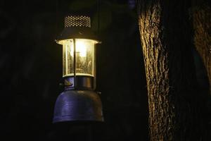 lampada a olio antica appesa a un albero nella foresta la sera atmosfera da campeggio. concetto di viaggio all'aperto image.soft focus. foto