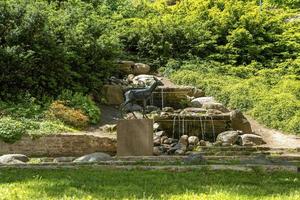 statua di cervo contro una fontana di pietra con acqua corrente al parco in una giornata di sole foto