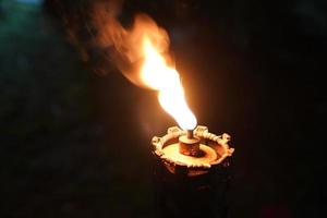 vicino torcia e fuoco nel giardino notturno. foto