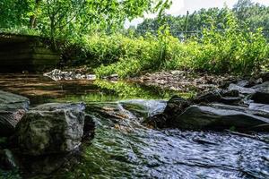 fiume che scorre rocce rotonde in primo piano foto