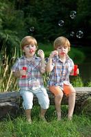 piccoli fratelli gemelli che soffia bolle di sapone nel parco estivo foto