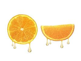 gocce di succo che cadono dalla metà arancione isolata su sfondo bianco foto