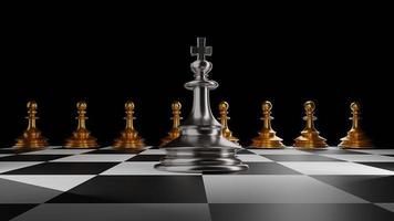 il re in battaglia gioco di scacchi si trova sulla scacchiera con sfondo nero isolato. concetto di affari foto